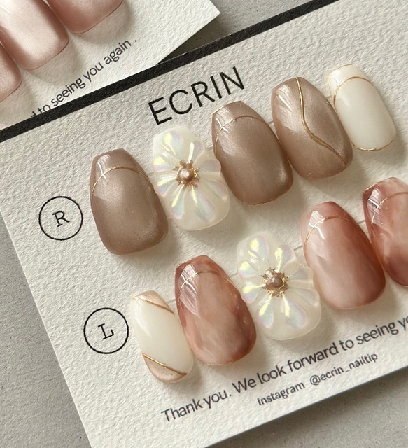 No.1【pink beige flower】ネイルチップ マグネットネイル 淡色 ピンク  