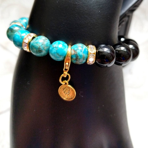 アフリカンターコイズ×ブラックオニキスの数珠ブレスレット