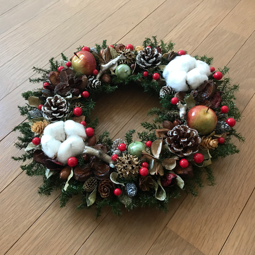 X'mas》コットンフラワーと林檎のクリスマスリース30cm（1点限定＊林檎