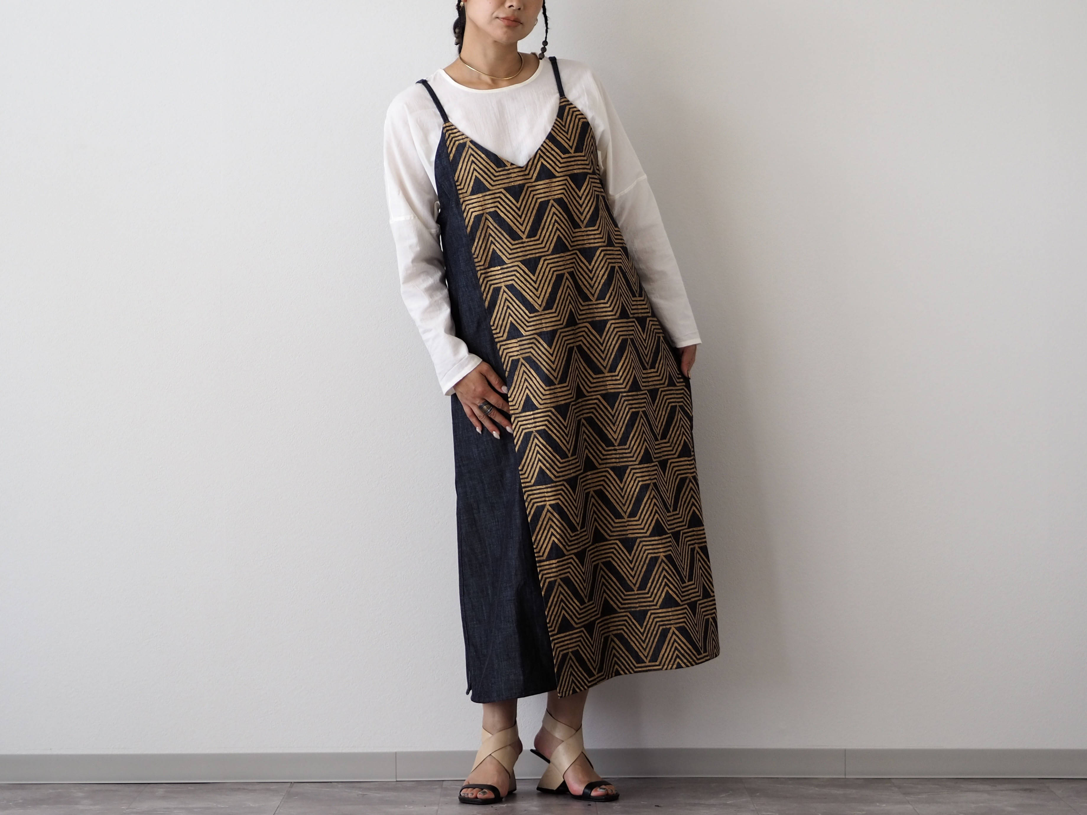 ブロックプリント/幾何学文様/肩紐デニムワンピース