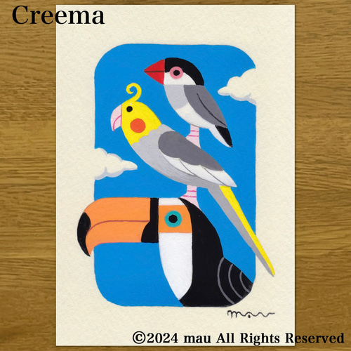 原画「小鳥ブレーメン〜青空の小窓」オニオオハシ☆オカメインコ☆文鳥