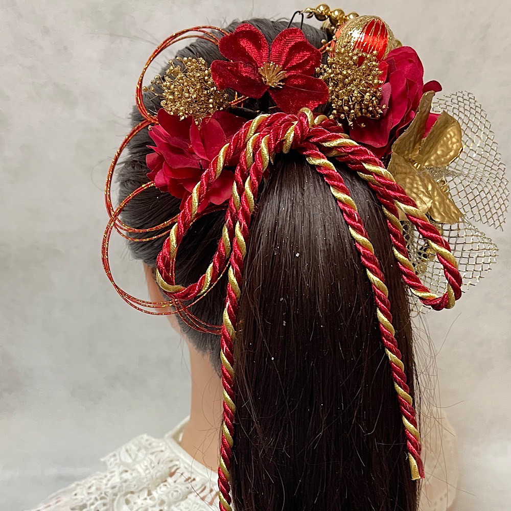 レッドゴールド　髪飾り　ランダムボールチェーン　赤　金　成人式　成人式髪飾り　卒業式　卒業式髪飾り