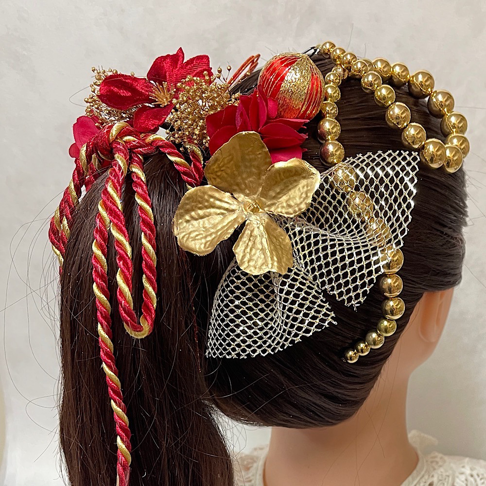 レッドゴールド　髪飾り　ランダムボールチェーン　赤　金　成人式　成人式髪飾り　卒業式　卒業式髪飾り