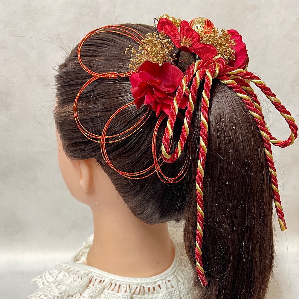 レッドゴールド　髪飾り　ランダムボールチェーン　赤　金　成人式　成人式髪飾り　卒業式　卒業式髪飾り