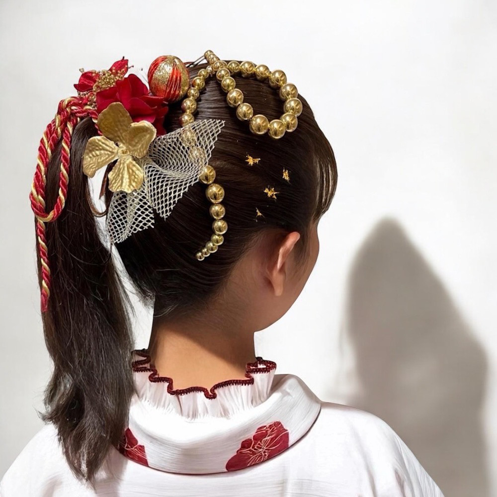 レッドゴールド　髪飾り　ランダムボールチェーン　赤　金　成人式　成人式髪飾り　卒業式　卒業式髪飾り