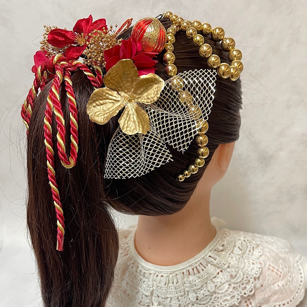 レッドゴールド　髪飾り　ランダムボールチェーン　赤　金　成人式　成人式髪飾り　卒業式　卒業式髪飾り