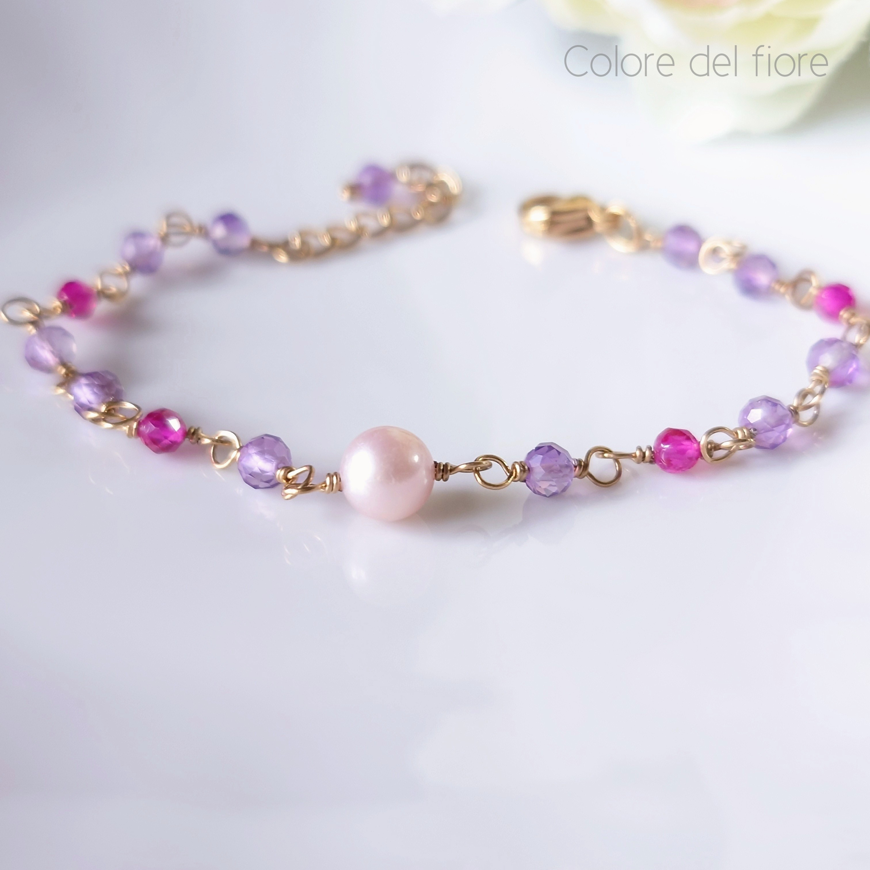 再販★SUS316L✥淡水パールとルビー*ピンクアメジストのブレスレット