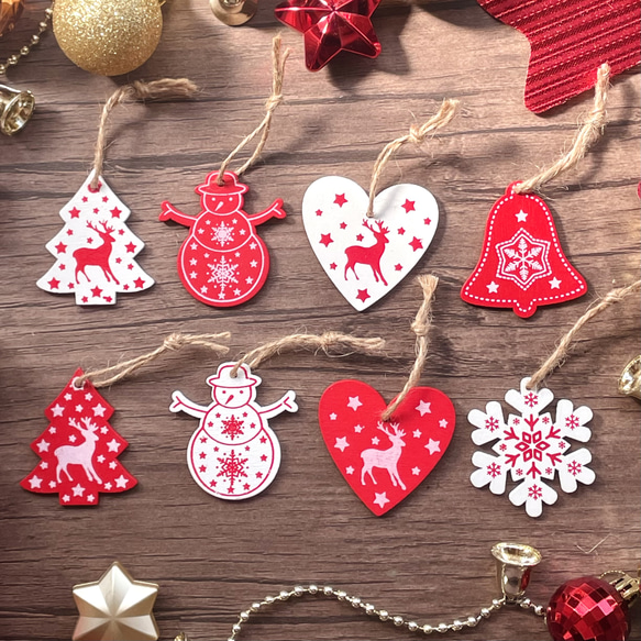 【税込?送料無料】 木製 赤白/ペイント オーナメント8個セット/北欧/ナチュラル木 クリスマス