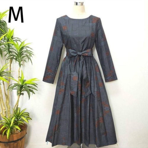 着物リメイクワンピース2WAY 花柄ロングギャザーリボン付き正絹紬