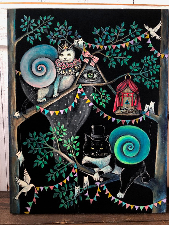 ようこそ！ねこつむりの世界へ」F6サイズ アート作品 原画 徳島洋子 