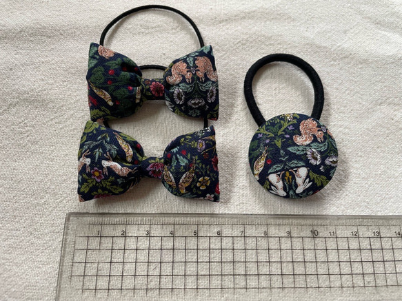 【送料無料】お揃いヘアゴム（青/植物/小動物）小リボン&くるみボタンセット 3枚目の画像