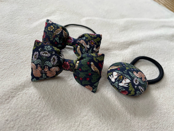 【送料無料】お揃いヘアゴム（青/植物/小動物）小リボン&くるみボタンセット 5枚目の画像