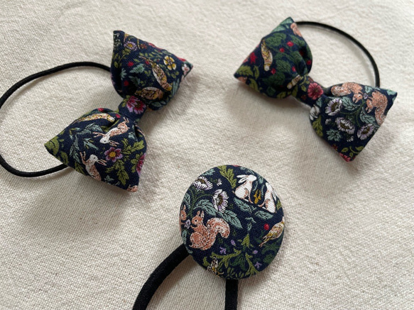 【送料無料】お揃いヘアゴム（青/植物/小動物）小リボン&くるみボタンセット 7枚目の画像