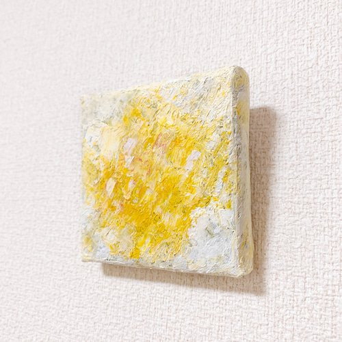 原画 油絵 陽光 太陽の光のアート 抽象画 78×78mm イエロー×ホワイト