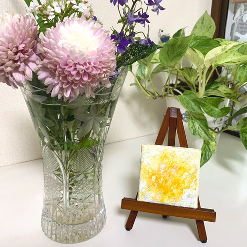 原画 油絵 陽光 太陽の光のアート 抽象画 78×78mm イエロー×ホワイト