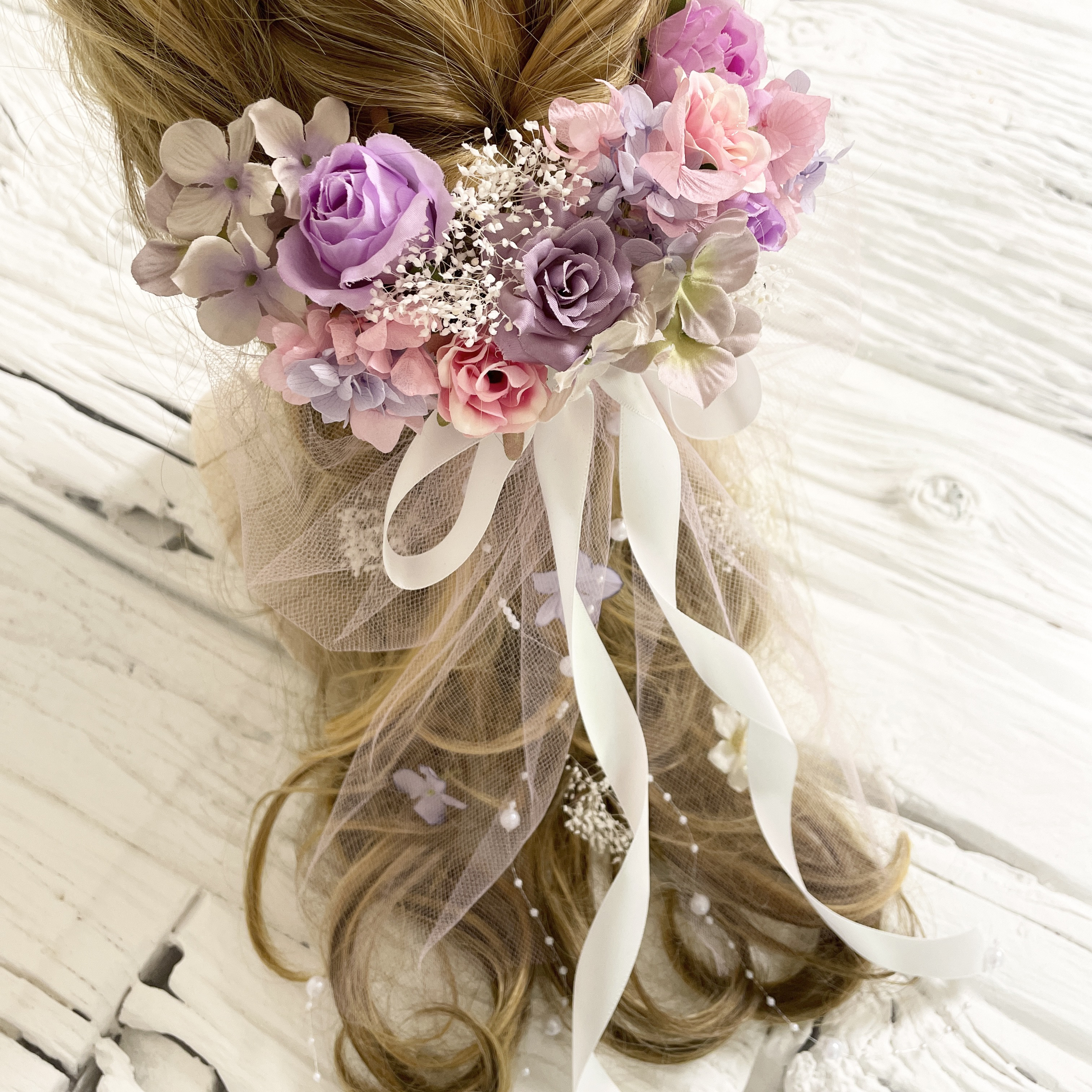 ブーケの様な髪飾り　ヘッドドレス　かくすみ　ピンク　パープル