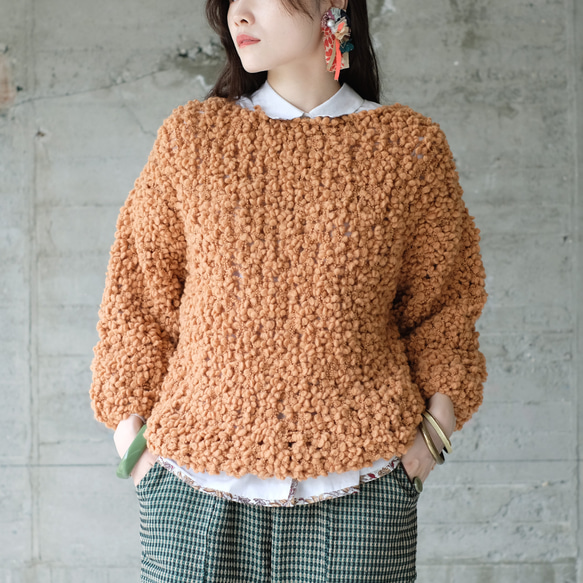 ぽこぽこ編み目♪つぶつぶヤーン手編みセーター（24w-06）キャメル
