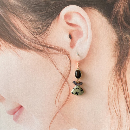 14kgf]ダルメシアンジャスパー×ブラックサンストーンピアス ピアス