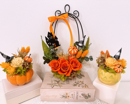 りさ　オルゴナイト　ハロウィンでか耳くま　オレンジプリザードフラワー薔薇 りさ オルゴナイト ハロウィンでか耳くま オレンジプリザード
