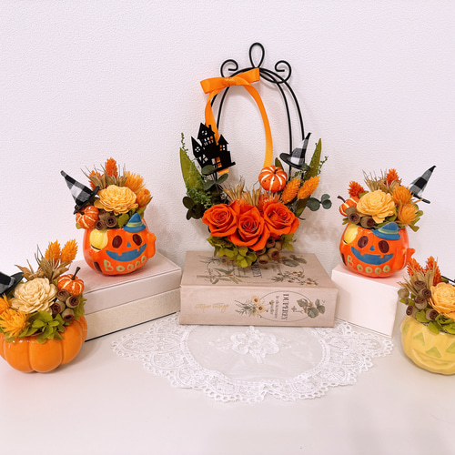 ハロウィンアレンジ ワイヤーリング オレンジのバラ ワイヤー