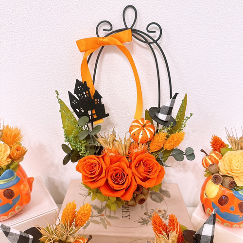 りさ　オルゴナイト　ハロウィンでか耳くま　オレンジプリザードフラワー薔薇 りさ様専用 オルゴナイト ハロウィンでか耳くま オレンジ