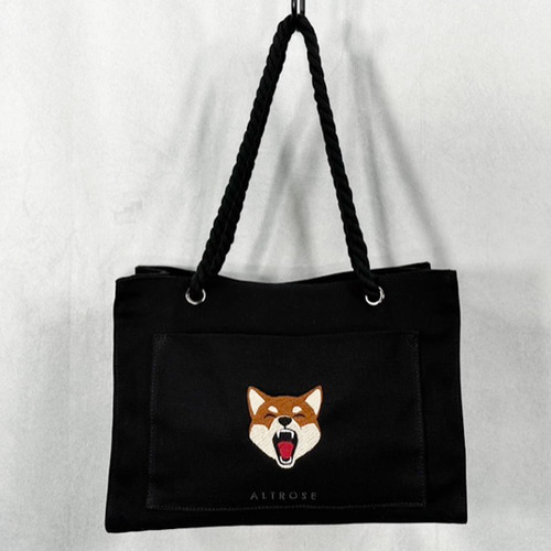 大あくび柴犬の刺繍 ファスナー&内ポケット付き キャンバス 持ち手紐 