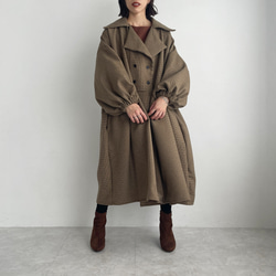 縮褶格紋大衣（棕色） 第7張的照片