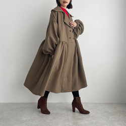 縮褶格紋大衣（棕色） 第9張的照片