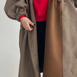 縮褶格紋大衣（棕色） 第10張的照片