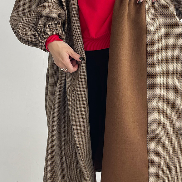 縮褶格紋大衣（棕色） 第10張的照片