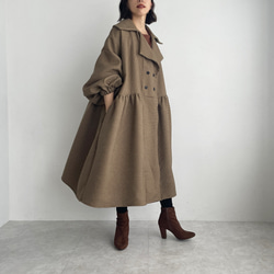 縮褶格紋大衣（棕色） 第5張的照片