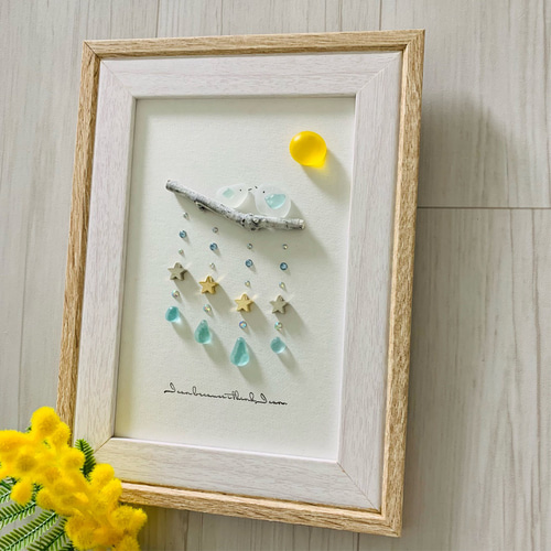 シーグラスアート 小鳥ペア 月 星のガーランド インテリア雑貨 壁掛け