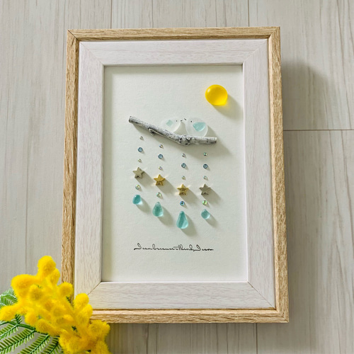 シーグラスアート 小鳥ペア 月 星のガーランド インテリア雑貨 壁掛け