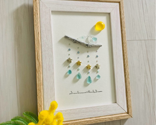 シーグラスアート 小鳥ペア 月 星のガーランド インテリア雑貨 壁掛け