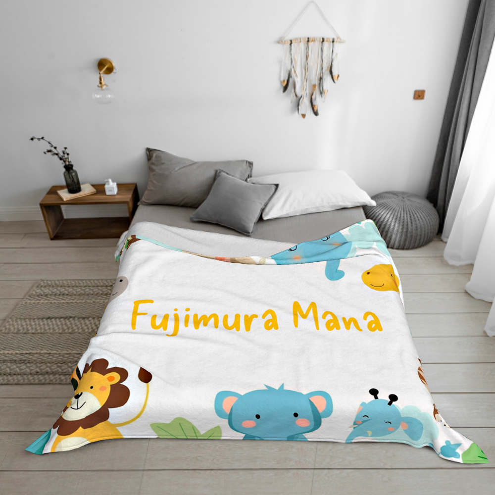 ベビー名入れ　名前入りブランケット　赤ちゃん用　膝掛け　冷房対応　かわいい　絨毯　象　動物の柄