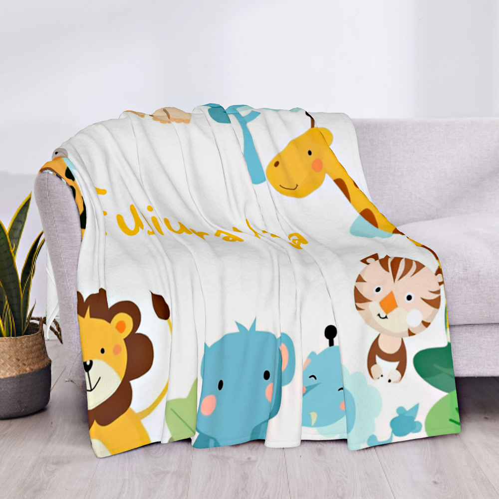 ベビー名入れ　名前入りブランケット　赤ちゃん用　膝掛け　冷房対応　かわいい　絨毯　象　動物の柄