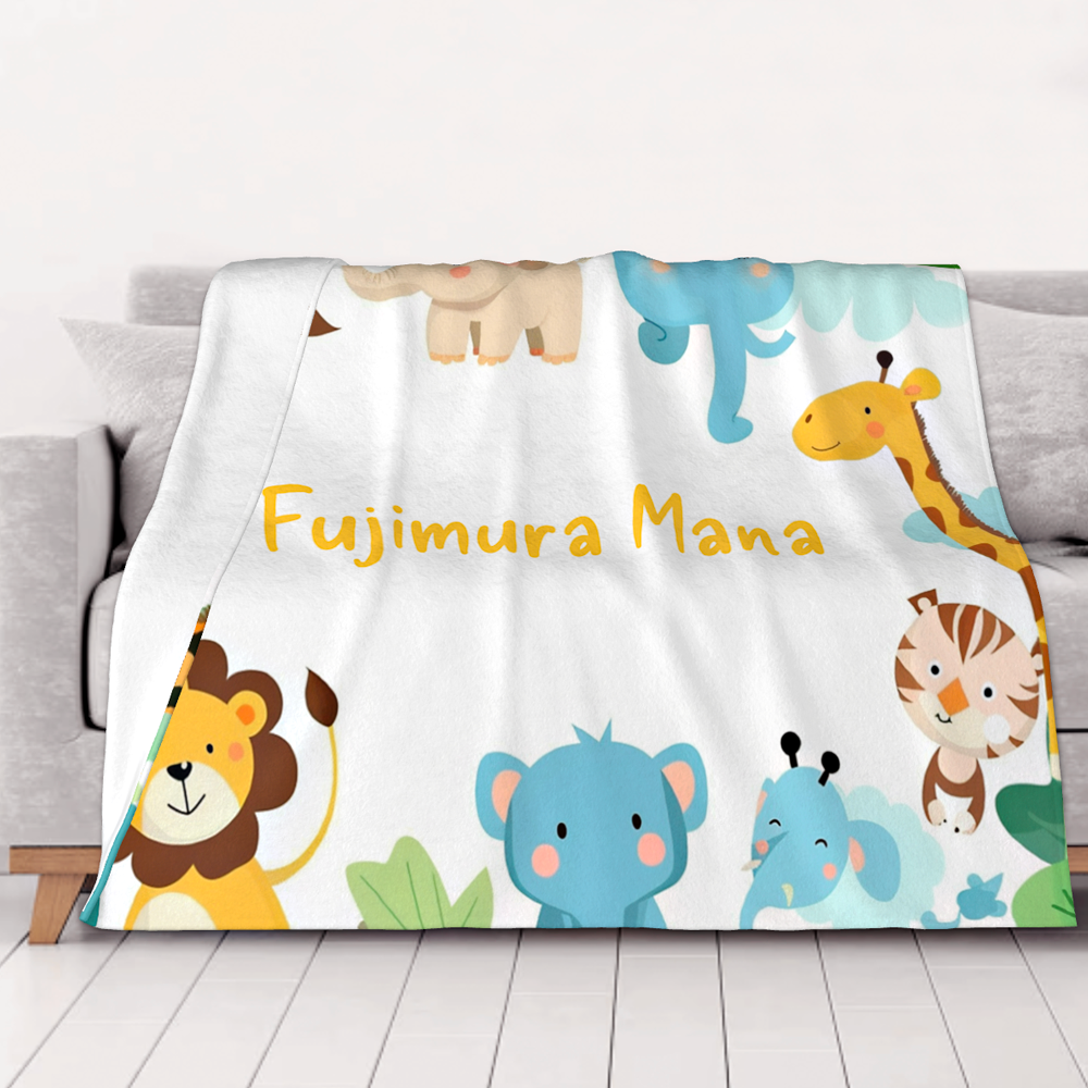ベビー名入れ　名前入りブランケット　赤ちゃん用　膝掛け　冷房対応　かわいい　絨毯　象　動物の柄