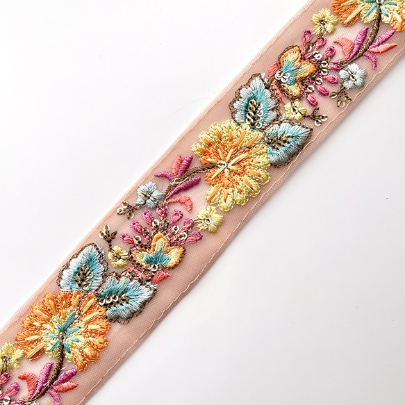550 【 幅：4.5cm 】 インド刺繍リボン　ベージュ　チュール　オレンジ　ブルー 3枚目の画像