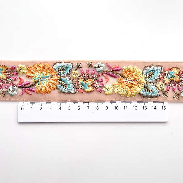 550 【 幅：4.5cm 】 インド刺繍リボン　ベージュ　チュール　オレンジ　ブルー 5枚目の画像