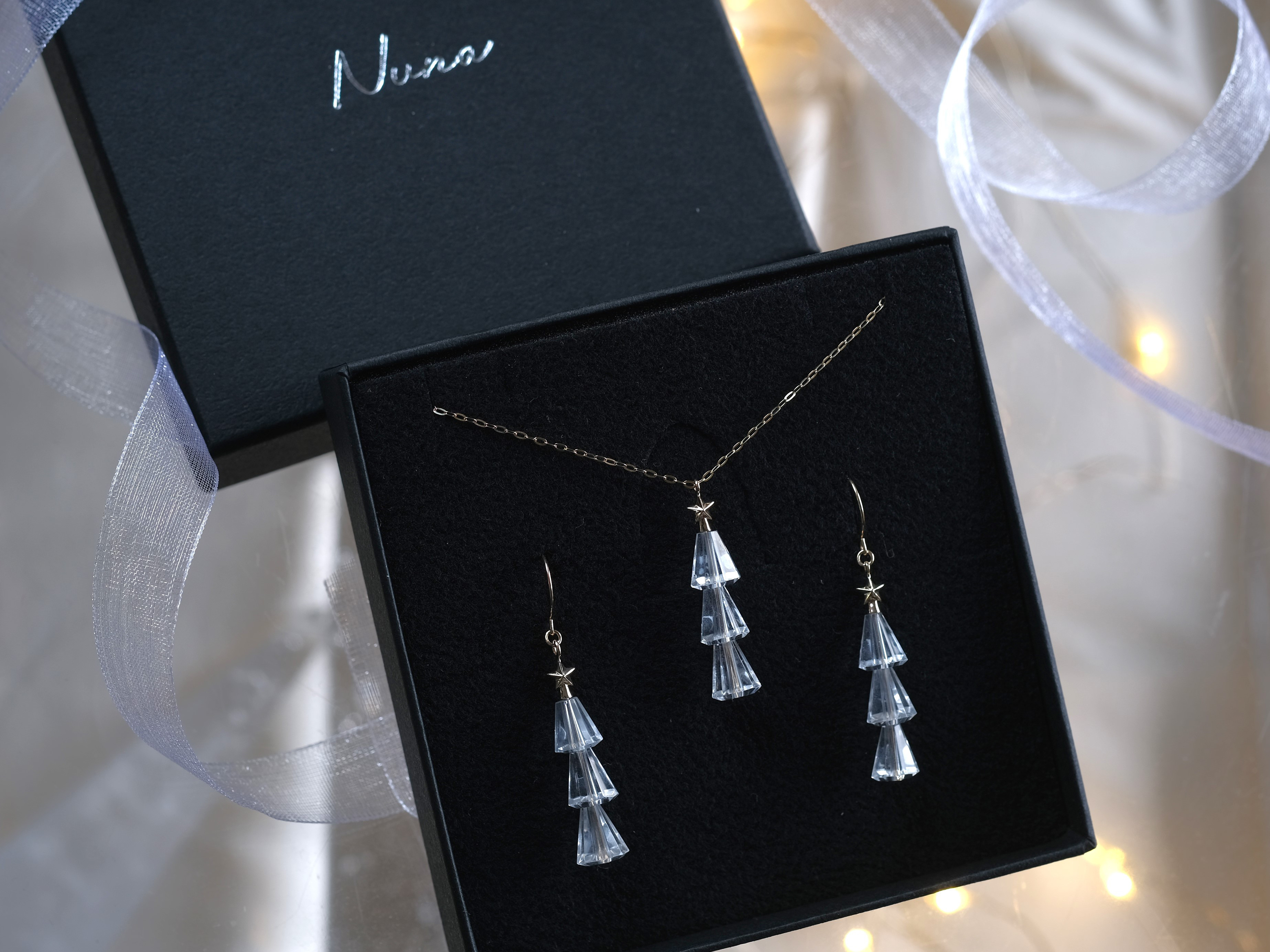 ピアス+ネックレスセット Tiny tree set　ツリーネックレス　星　クォーツ　クリスマスツリー｜詳細画像
