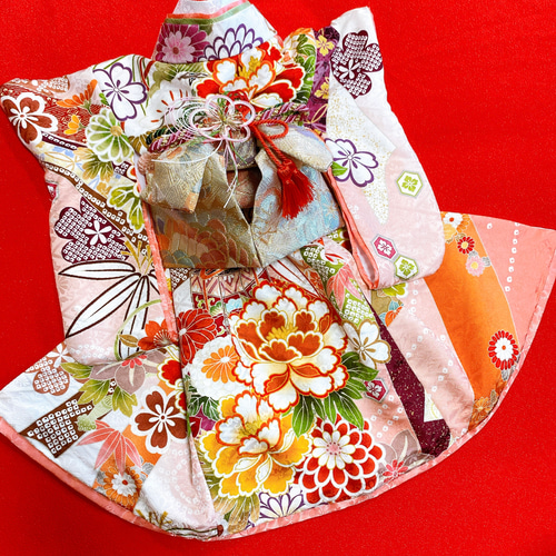 犬の着物✨犬用本格振袖着物 S お引き摺り 白×サーモンピンク 正絹 犬服