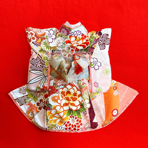 犬の着物✨犬用本格大振袖 お引き摺り 正絹 S 白×サーモンピンク 一点