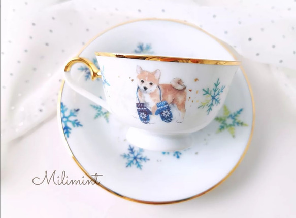 【1セット限りで終了】柴犬の雪遊びお茶セット (マグカップ1点、カップ＆ソーサー1点、ティースプーン1点)　ティーセット 3枚目の画像