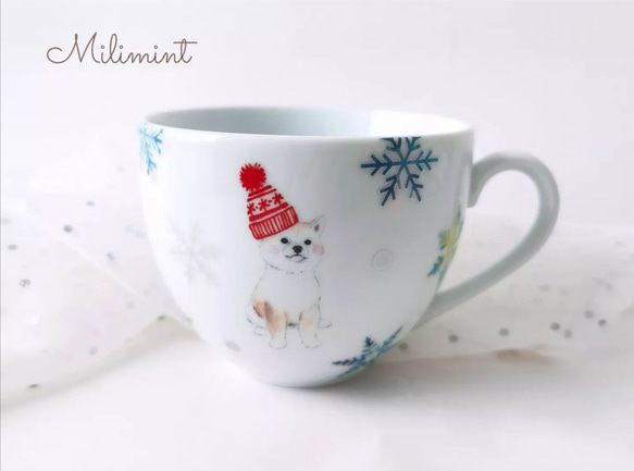 【1セット限りで終了】柴犬の雪遊びお茶セット (マグカップ1点、カップ＆ソーサー1点、ティースプーン1点)　ティーセット 10枚目の画像