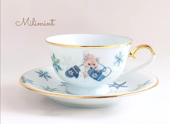 【1セット限りで終了】柴犬の雪遊びお茶セット (マグカップ1点、カップ＆ソーサー1点、ティースプーン1点)　ティーセット 5枚目の画像