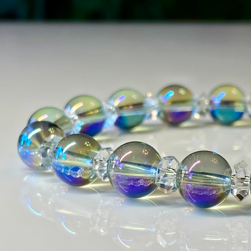 グリーンオーラクォーツ カット水晶 光波動 ブレスレット B0924-05