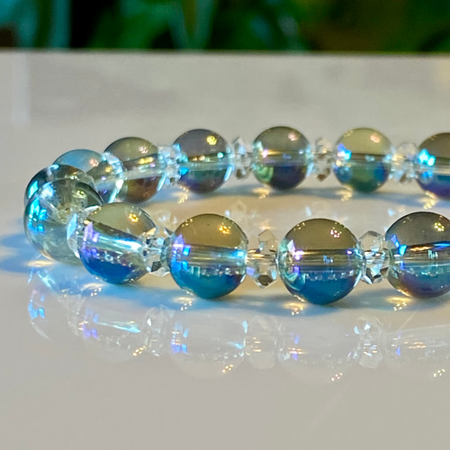 グリーンオーラクォーツ カット水晶 光波動 ブレスレット B0924