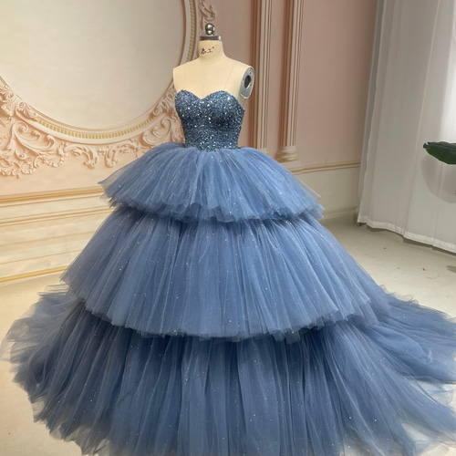 激売れ人気商品！ブルー キラキラ 豪華なカラードレス ボリューム  