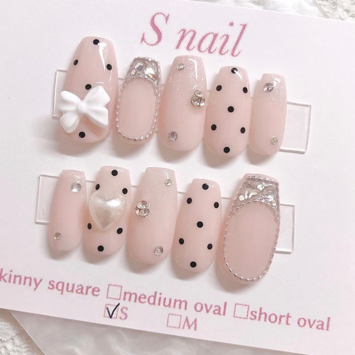ネイルチップ ピンク ドット リボン ハート 韓国 フレンチガーリー  