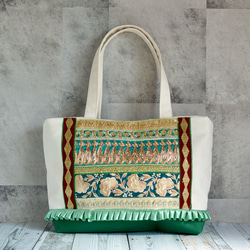 A4サイズ！モダンで美しいインド刺繍リボントートバッグ【L